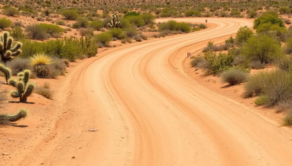 A dusty dirt road in El Pescadero with desert vegetation and cacti on both sides