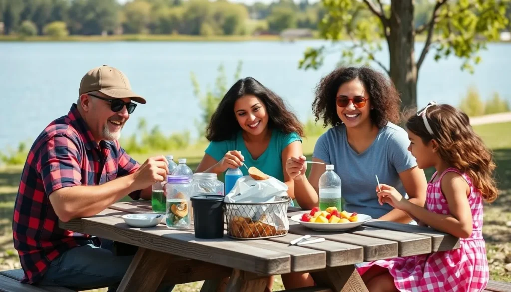 A family enjoying a safe picnic at Coffeen Lake State Park following proper outdoor etiquette