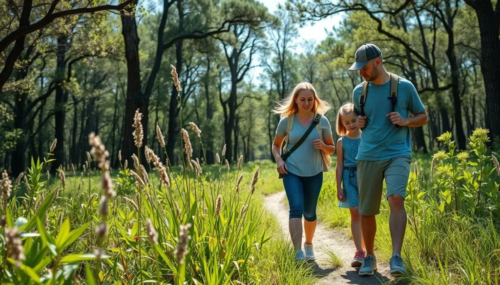 A family hiking on a nature trail in Caddo Lake State Park with cypress trees visible in the background
