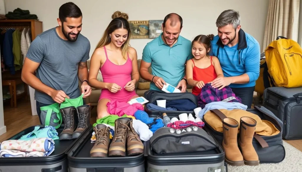 A family packing for a Lake Naomi vacation with outdoor gear and supplies