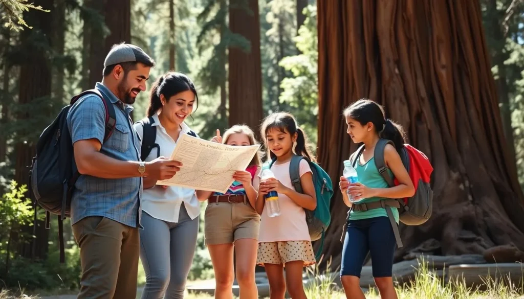 A family preparing for a hike at Calaveras Big Trees State Park with proper gear and water bottles A family preparing for a hike at Calaveras Big Trees State Park with proper gear and water bottles