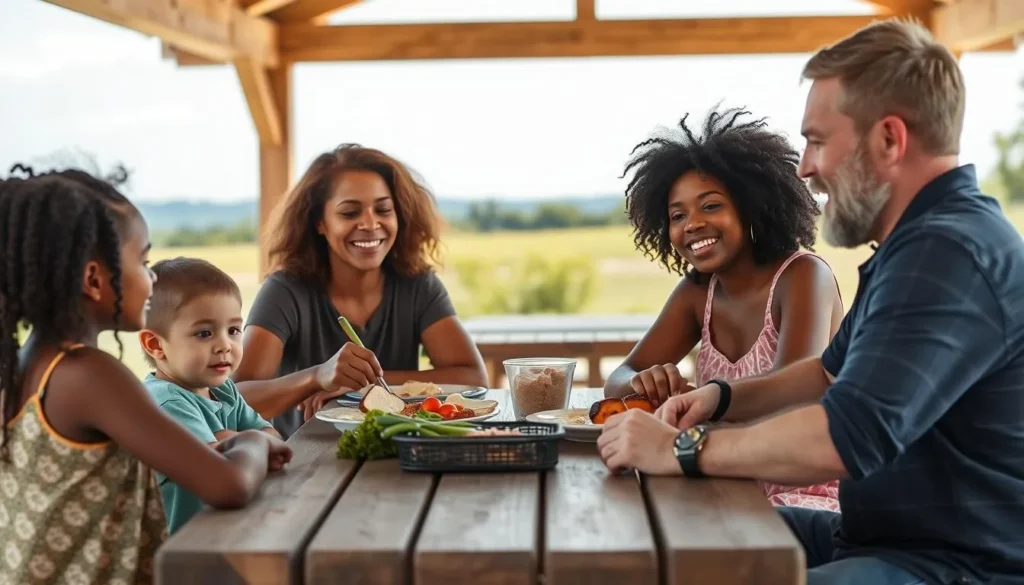 A family safely enjoying a picnic at one of the pavilions in Buchanan's Birthplace State Park