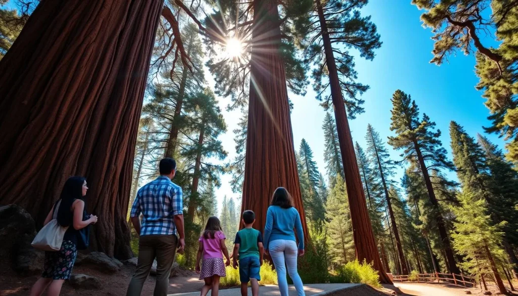 A family safely viewing giant sequoia trees from a trail at Calaveras Big Trees State Park A family safely viewing giant sequoia trees from a trail at Calaveras Big Trees State Park