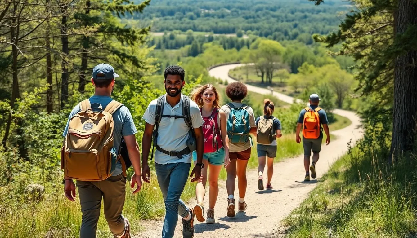 A family with diverse backgrounds arriving at Devil's Island State Park Illinois entrance with hiking gear