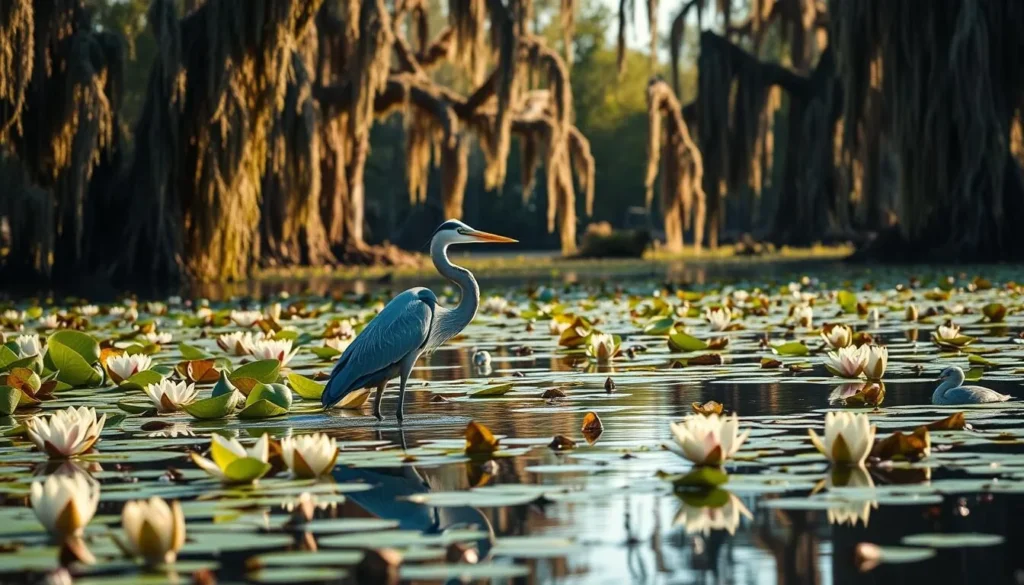 A great blue heron hunting among water lilies at Caddo Lake with cypress trees in the background