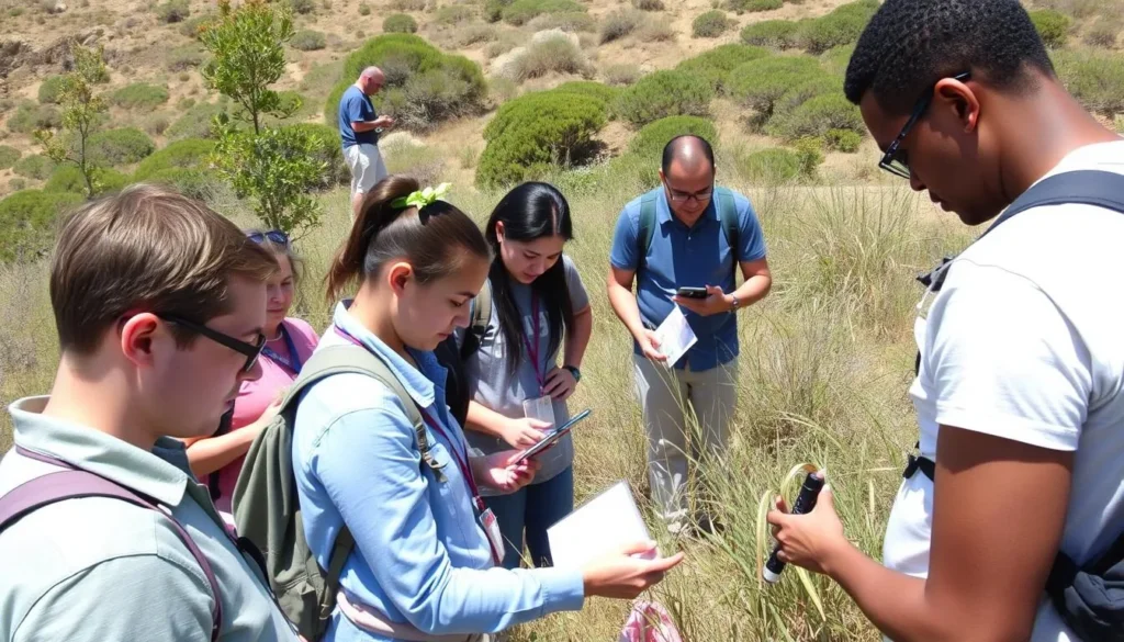 A group of diverse researchers conducting field work on San Clemente Island, documenting native plant species