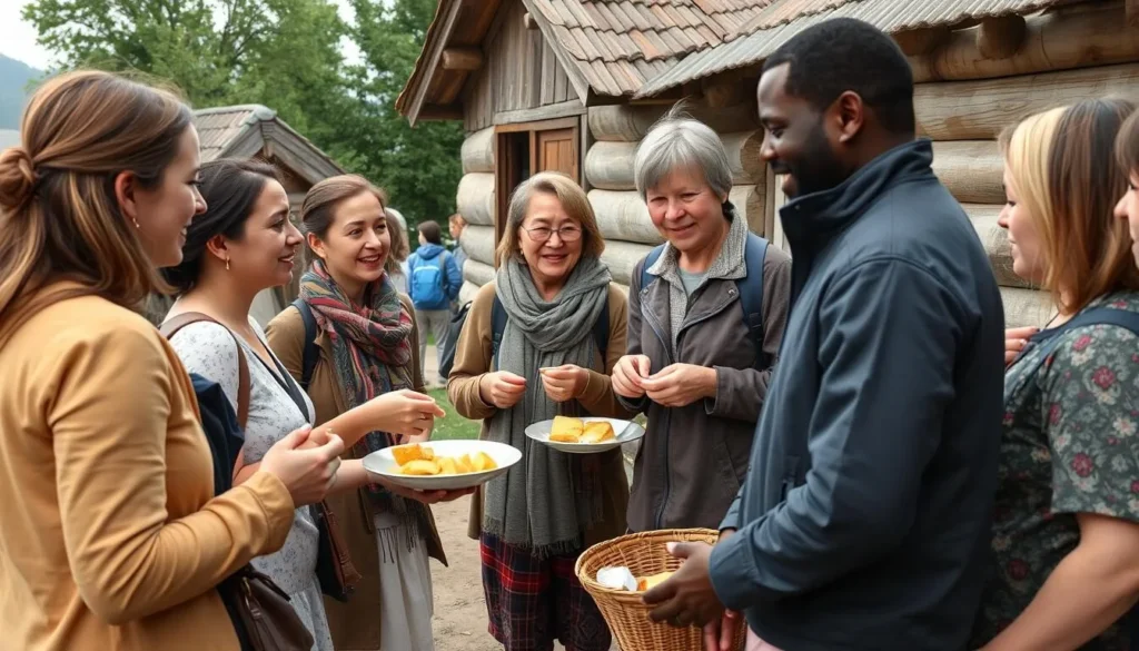 A group of diverse tourists interacting respectfully with local Russian residents near Lake Palkino