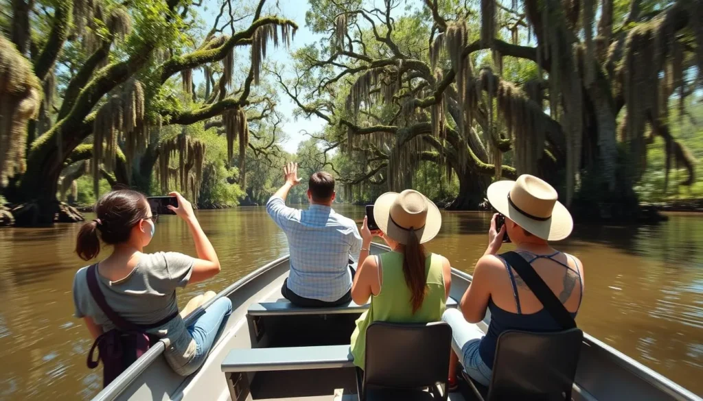 A guided boat tour navigating through the cypress trees of Caddo Lake with tourists observing wildlife