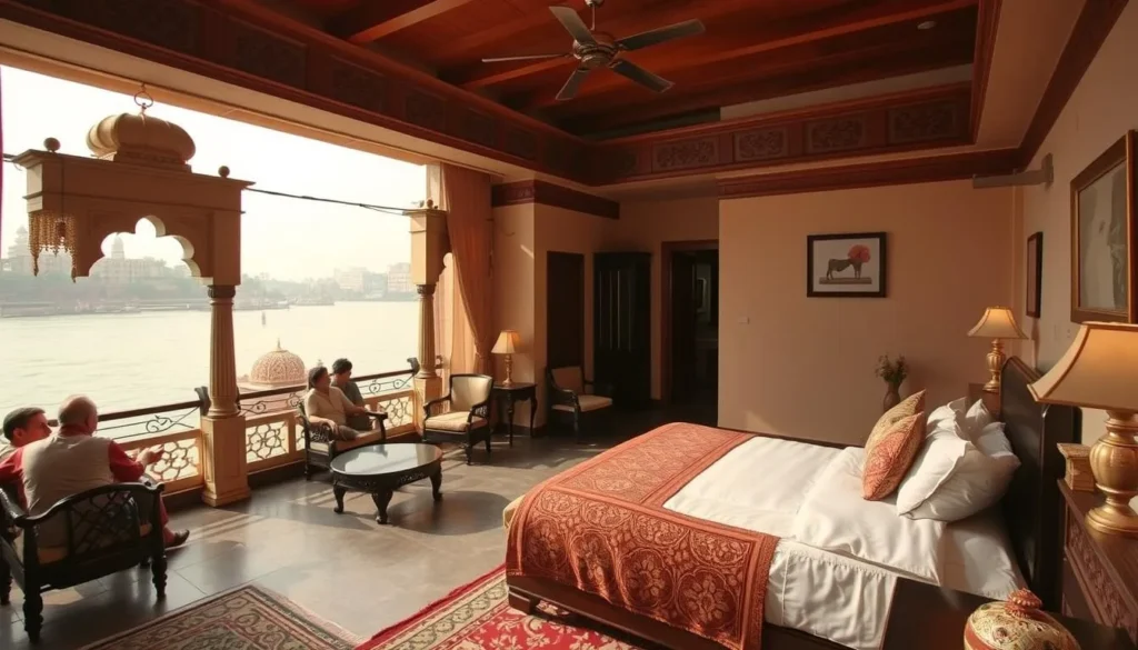 A heritage hotel in Varanasi with traditional architecture overlooking the Ganges River, showing comfortable accommodations with cultural elements