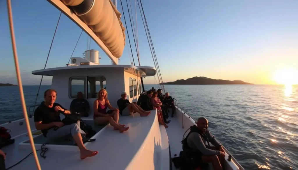 A liveaboard dive boat anchored near San Clemente Island at sunset with divers relaxing on deck