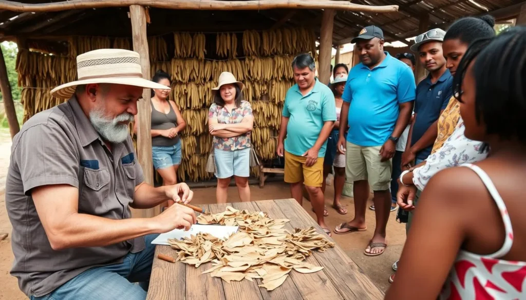 A local farmer demonstrating traditional cigar rolling techniques at a tobacco farm in Valle de Vinales