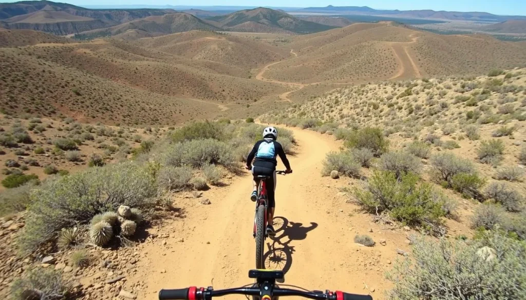 A mountain biker navigating a trail through the rolling hills of Cerrillos Hills State Park