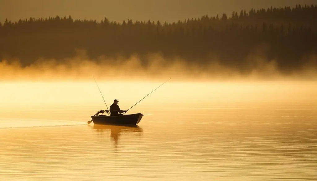 A person fishing from a small boat on Lake Palkino during sunrise with mist rising from the water