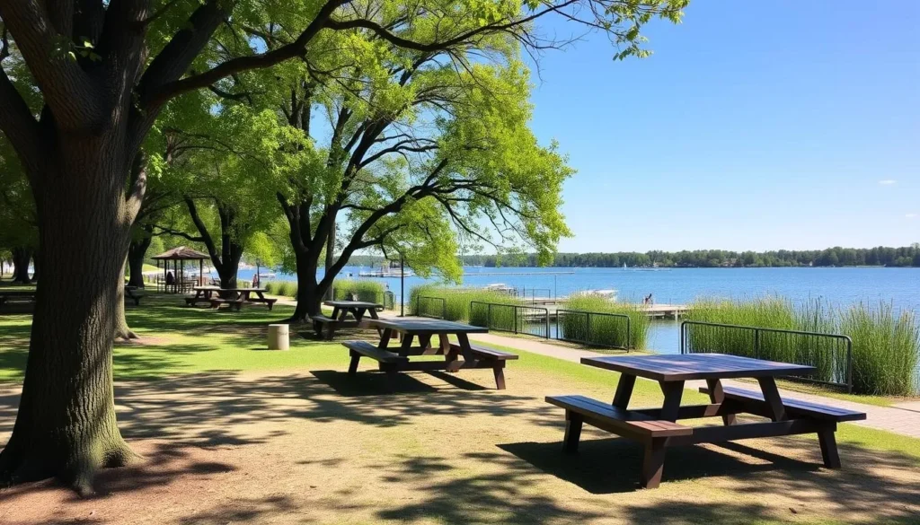 A picnic area at Coffeen Lake State Park with tables under shade trees near the water