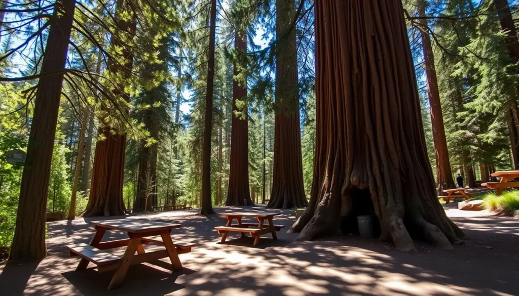 A picnic area in Calaveras Big Trees State Park with tables under giant sequoia trees A picnic area in Calaveras Big Trees State Park with tables under giant sequoia trees