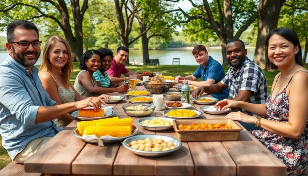 A picnic setup with local food at Devil's Island State Park Illinois with diverse visitors enjoying a meal