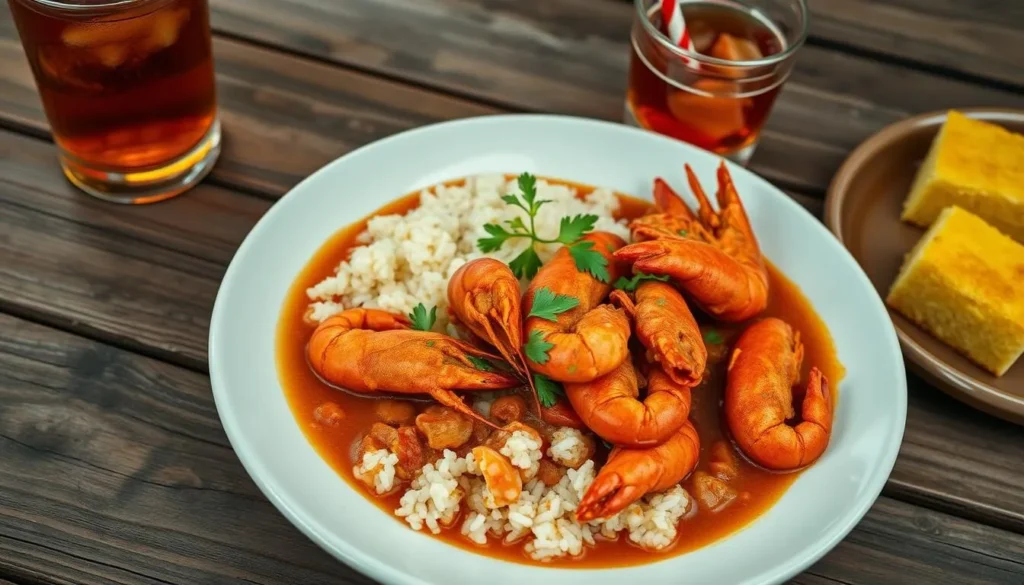 A plate of Cajun crawfish étouffée served with rice, a popular local dish in the Caddo Lake region