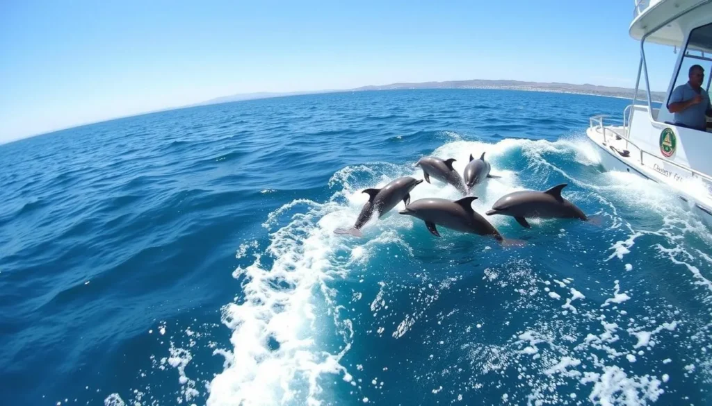 A pod of dolphins swimming alongside a boat near San Clemente Island with the island visible in the background
