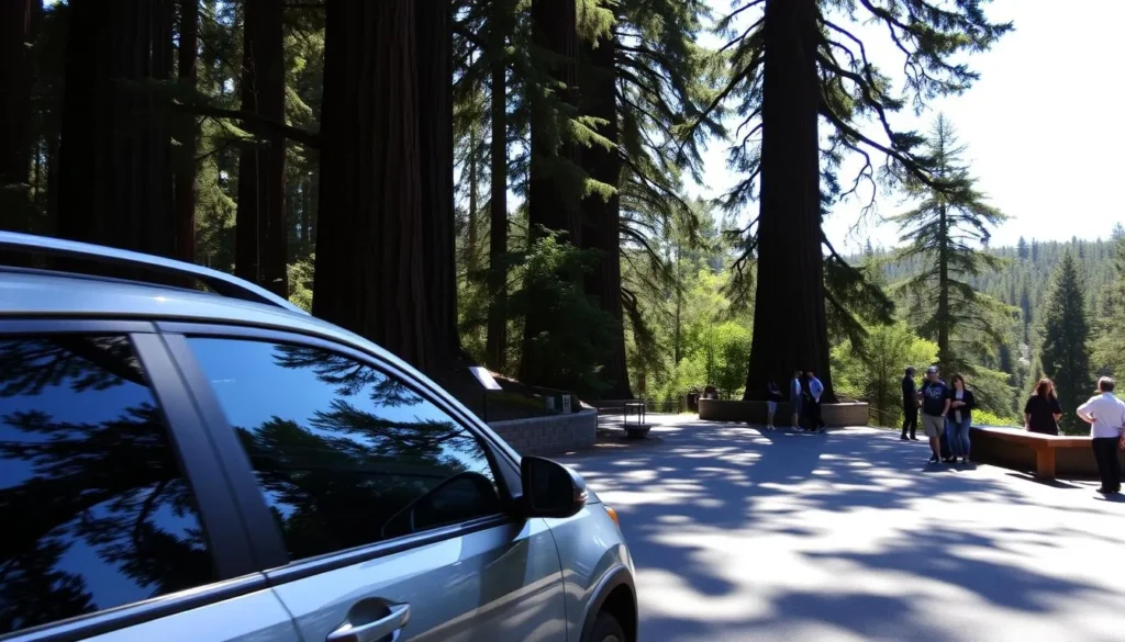 A rental car parked at a pull-off viewpoint in Navarro River Redwoods State Park California A rental car parked at a pull-off viewpoint in Navarro River Redwoods State Park California