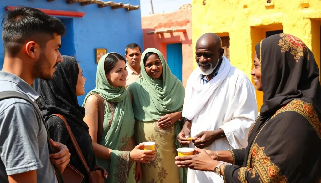 A respectful tourist interaction with local Nubian residents in a colorful Nubian village in Aswan