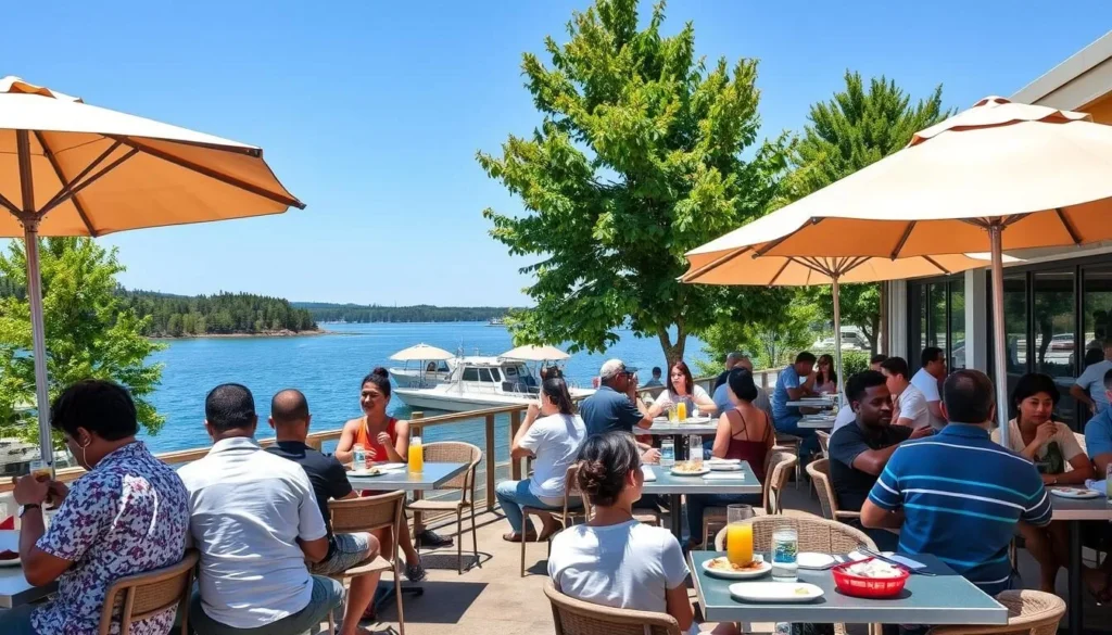 A restaurant at Lake Naomi with outdoor seating overlooking the water