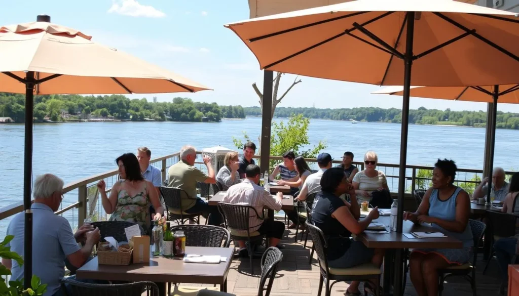 A riverside restaurant in Ottawa with outdoor seating overlooking the Illinois River A riverside restaurant in Ottawa with outdoor seating overlooking the Illinois River