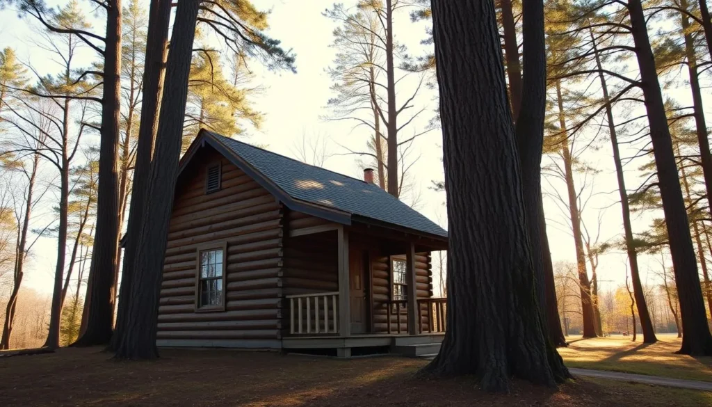 A rustic cabin near Devil's Island State Park Illinois surrounded by trees