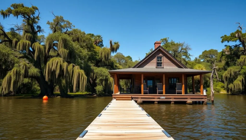 A rustic waterfront cabin on Caddo Lake with a small dock and cypress trees in the background
