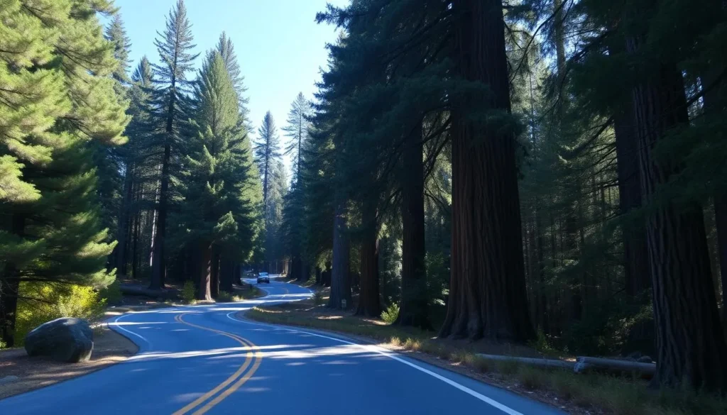 A scenic forest road winding through Calaveras Big Trees State Park with tall sequoias on both sides A scenic forest road winding through Calaveras Big Trees State Park with tall sequoias on both sides