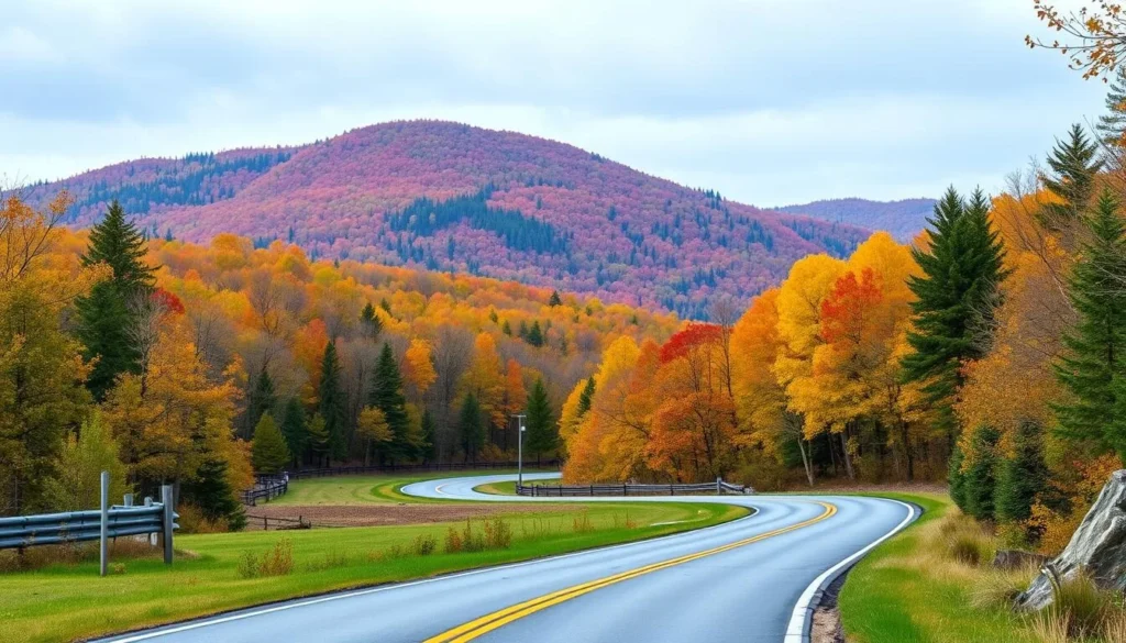 A scenic road leading to Buchanan's Birthplace State Park through Tuscarora Mountain with autumn foliage