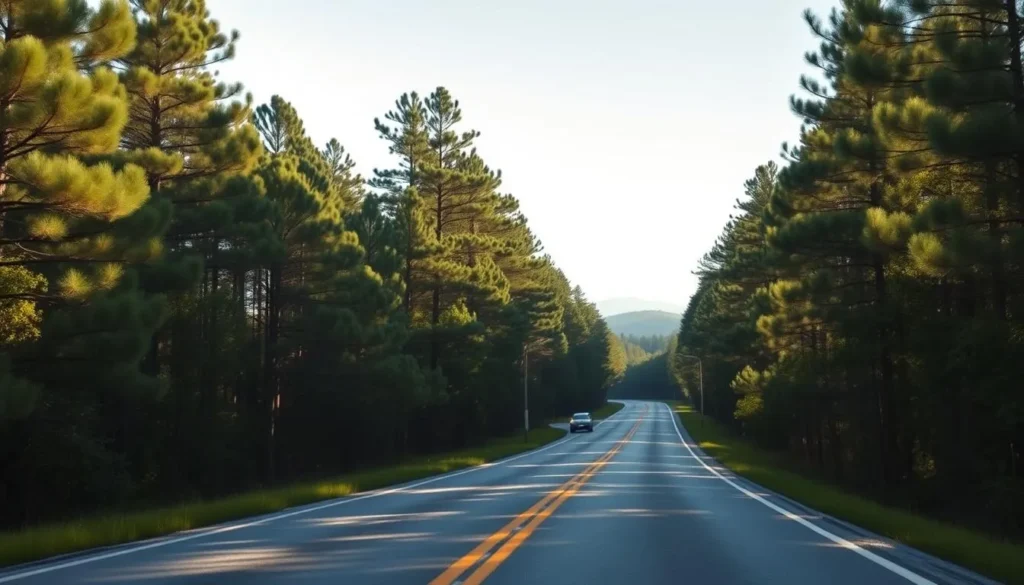 A scenic road leading to Caddo Lake through pine forests with sunlight filtering through trees