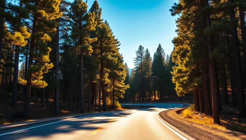 A scenic road winding through tall Ponderosa pines on the Kaibab Plateau with sunlight filtering through the trees A scenic road winding through tall Ponderosa pines on the Kaibab Plateau with sunlight filtering through the trees