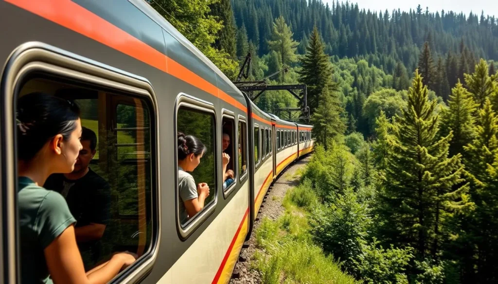 A scenic train journey through the Black Forest with passengers enjoying the view A scenic train journey through the Black Forest with passengers enjoying the view