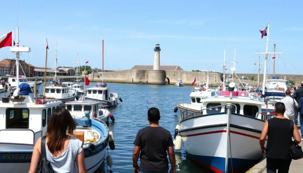 A scenic view of Calais harbor with fishing boats and the lighthouse in the background