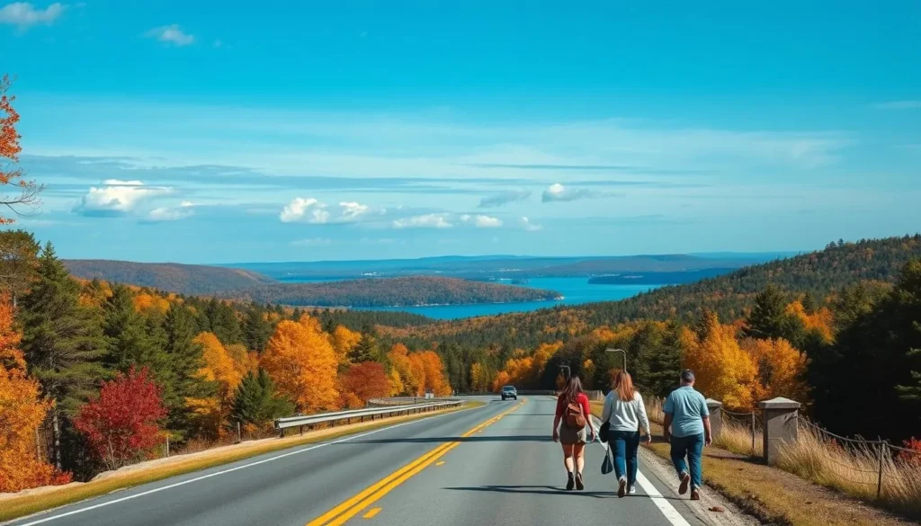 A scenic view of the road leading to Promised Land State Park with dense forest on both sides and fall colors A scenic view of the road leading to Promised Land State Park with dense forest on both sides and fall colors