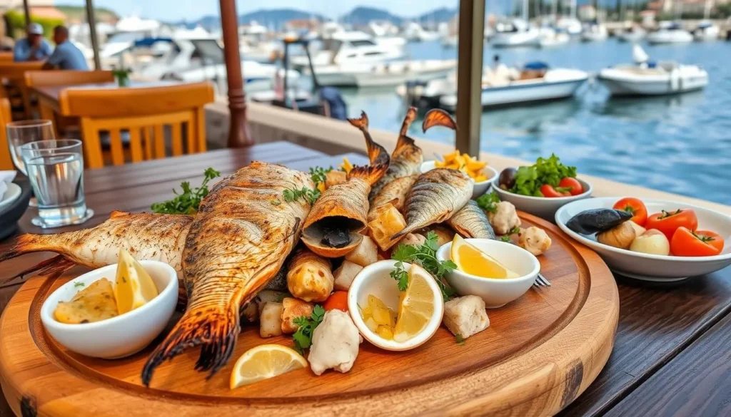 A seafood platter at a waterfront restaurant in Cavtat with the harbor view