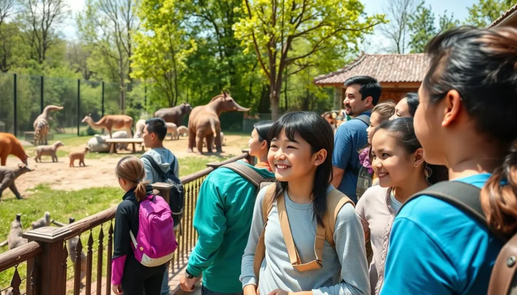 A section of Lipetsk Zoo showing visitors observing animals in naturalistic enclosures