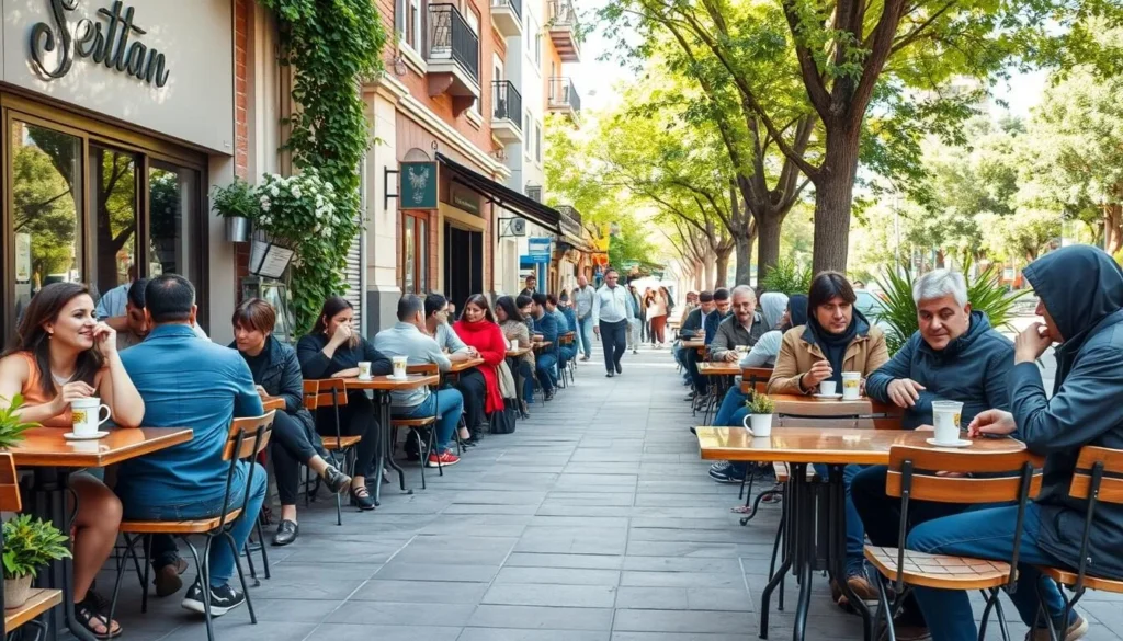 A sidewalk café in Yerevan with locals and tourists enjoying coffee and conversation in a relaxed atmosphere A sidewalk café in Yerevan with locals and tourists enjoying coffee and conversation in a relaxed atmosphere