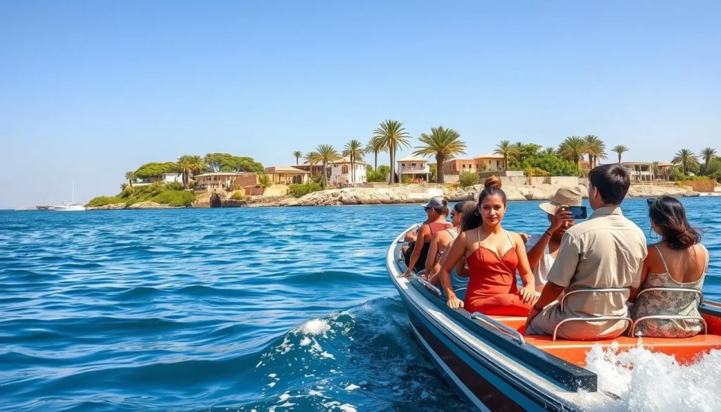 A small motorboat transporting tourists between islands on the Nile River in Aswan with palm trees in background
