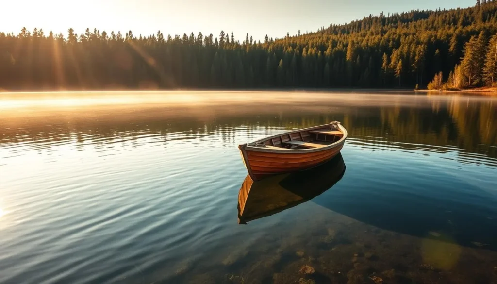 A small wooden boat on Lake Palkino with forests in the background and clear reflections on the water