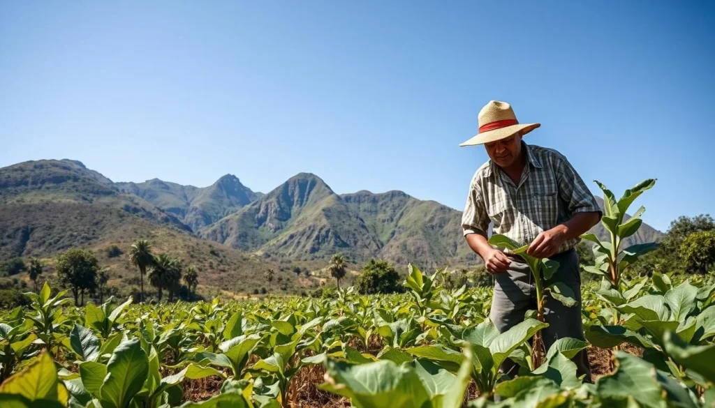 A tobacco farmer working in a lush green field in Valle de Vinales during the dry season with clear blue skies