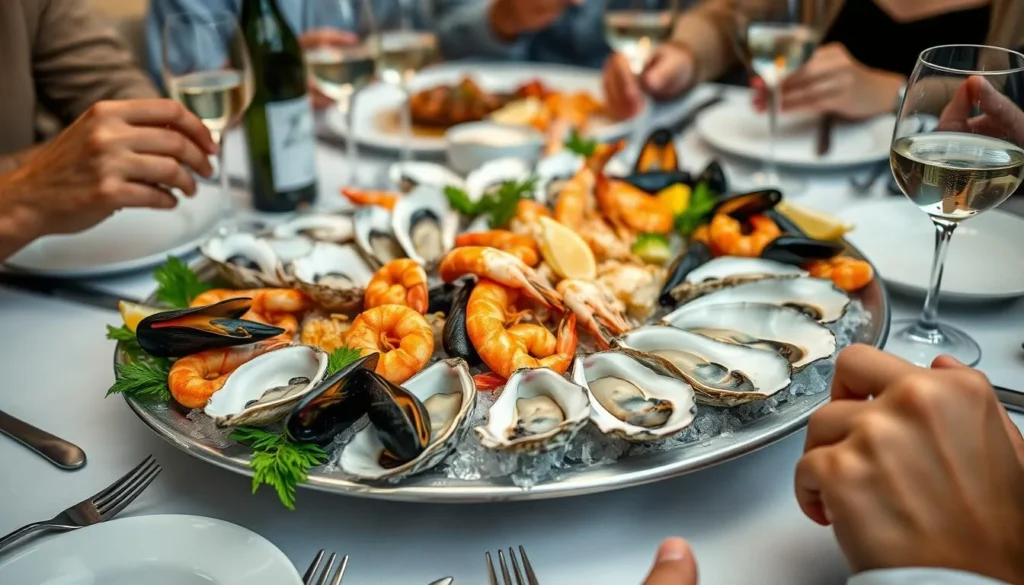 A traditional French seafood platter with fresh oysters, shrimp, and other seafood delicacies served in a Calais restaurant