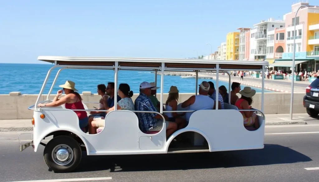 A traditional Mazatlan pulmonia (open-air taxi) driving along the Malecon with passengers enjoying the sea view A traditional Mazatlan pulmonia (open-air taxi) driving along the Malecon with passengers enjoying the sea view
