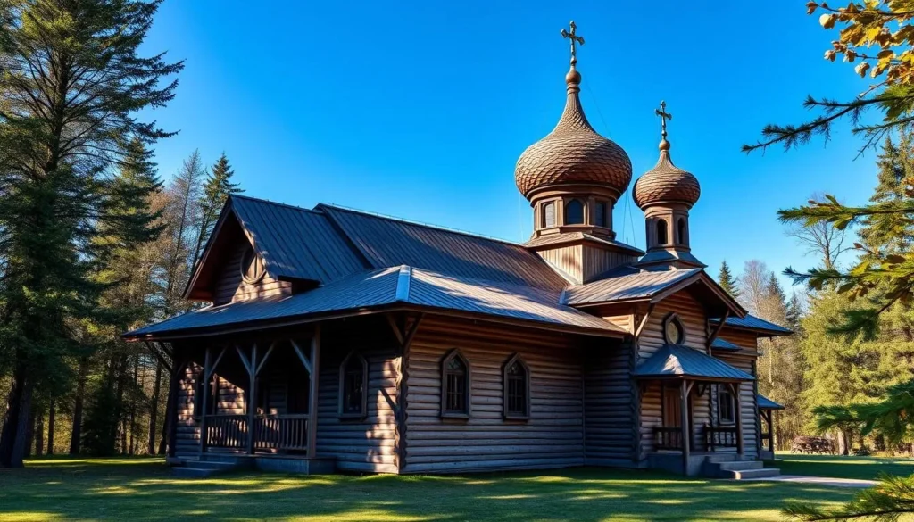 A traditional Russian wooden church near Lake Palkino with distinctive onion domes