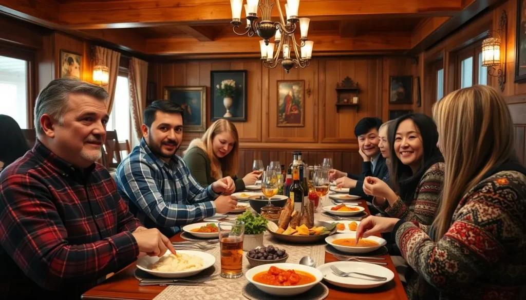 A traditional Stavropol restaurant serving local cuisine with diners enjoying their meals A traditional Stavropol restaurant serving local cuisine with diners enjoying their meals