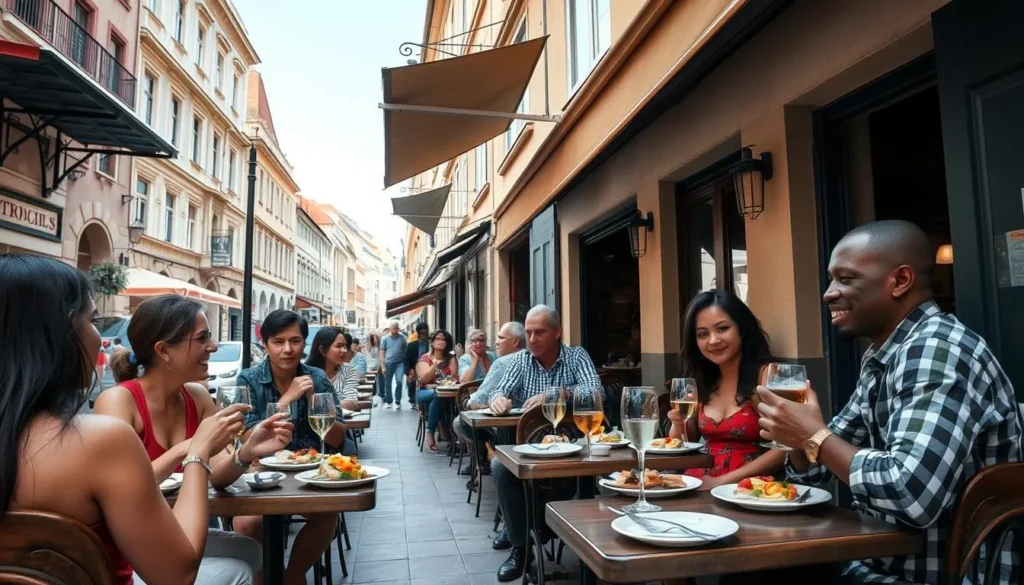 A traditional Zagreb restaurant with outdoor seating where diverse tourists are enjoying local cuisine