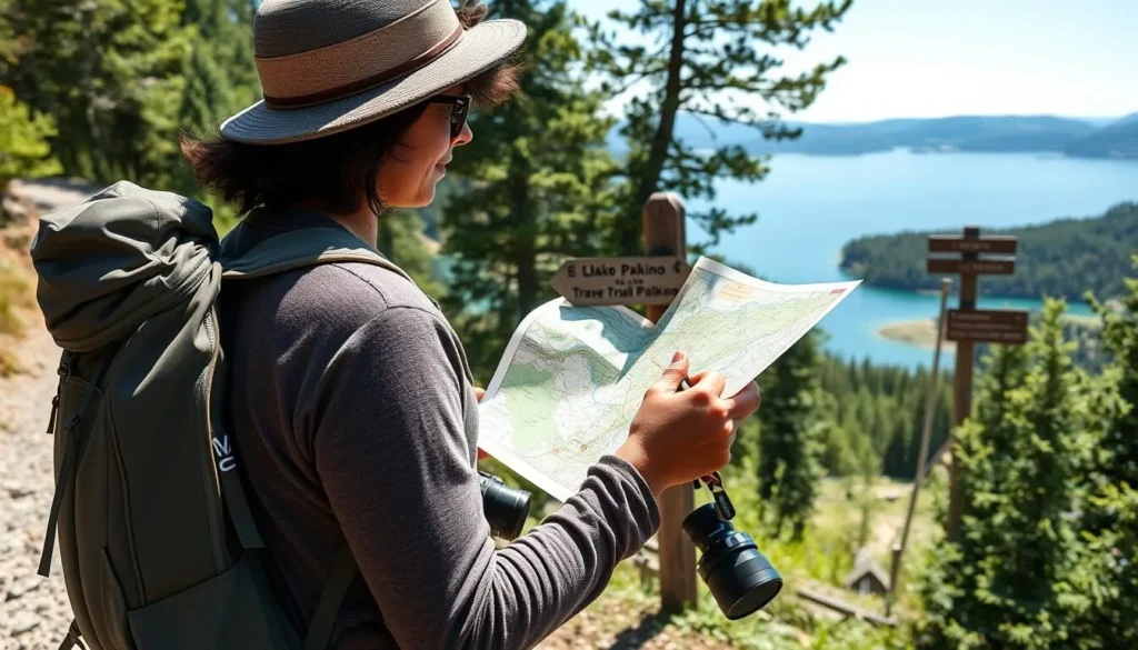 A traveler using a map to navigate the Lake Palkino area with a backpack and camera