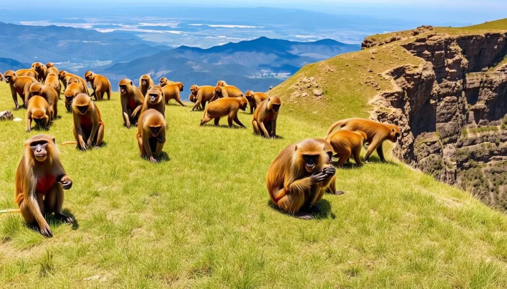 A troop of gelada baboons on the cliffs of Mount Abuna Yosef with the dramatic landscape in the background