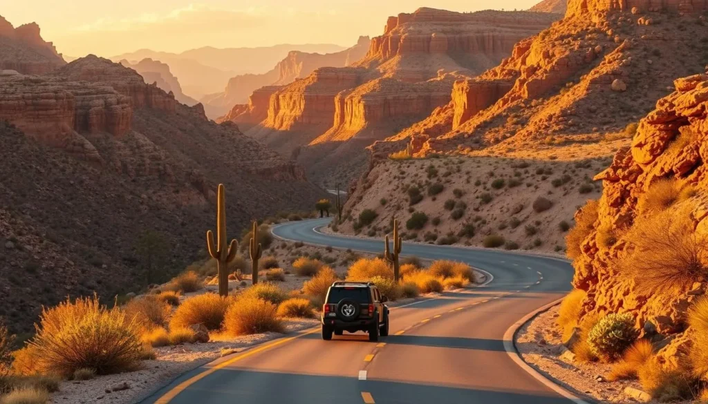 A vehicle navigating the winding roads of the Apache Trail with canyon views