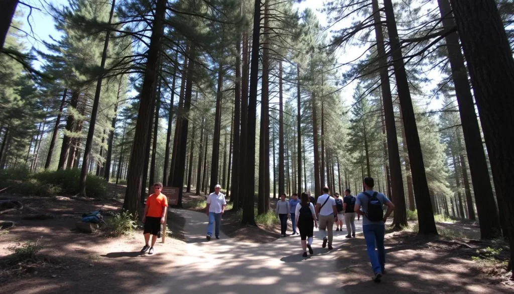 A well-maintained trail through the forest in Palomar Mountain State Park with hikers enjoying the scenery